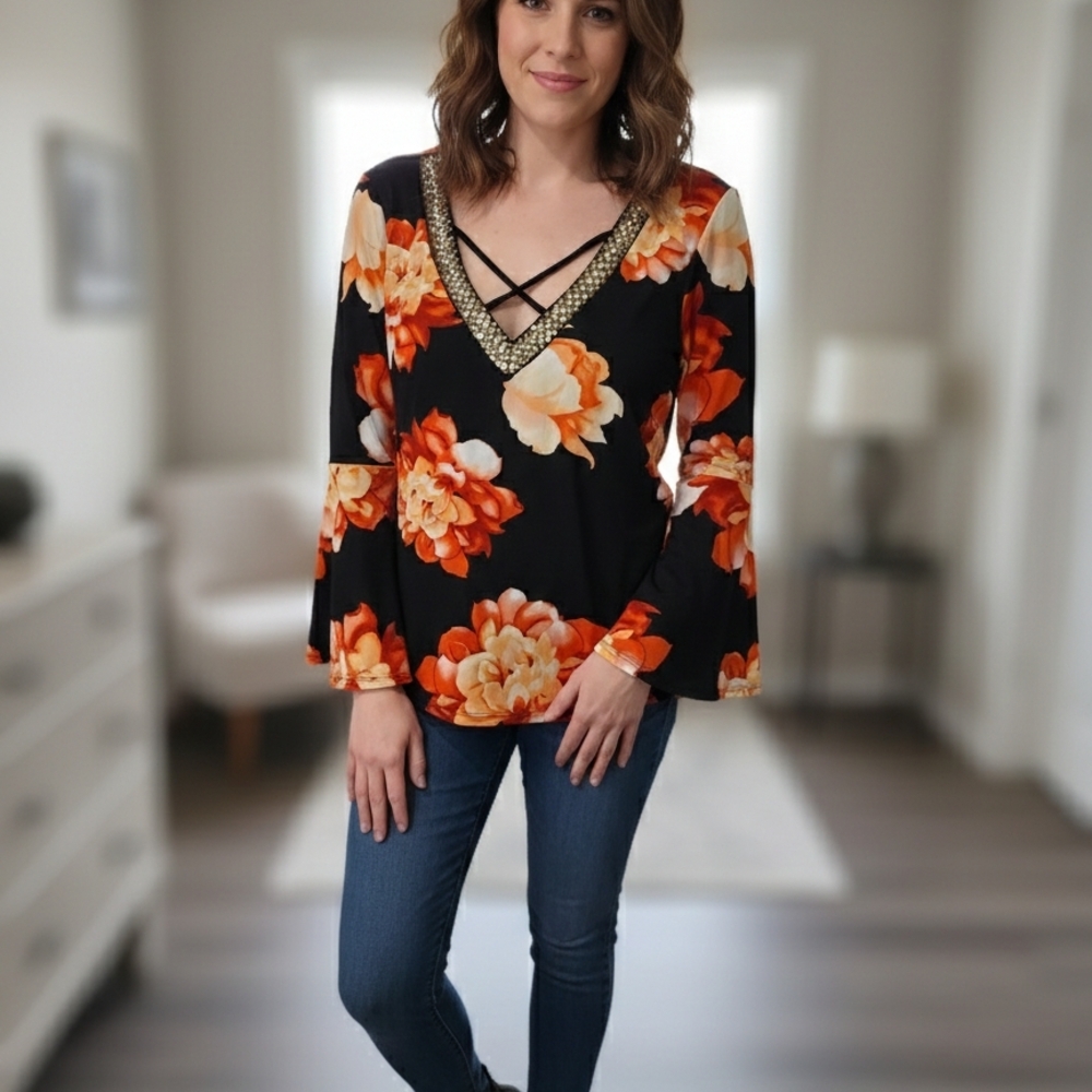 VENUS Black Top with Orange and Cream Floral Design Size S